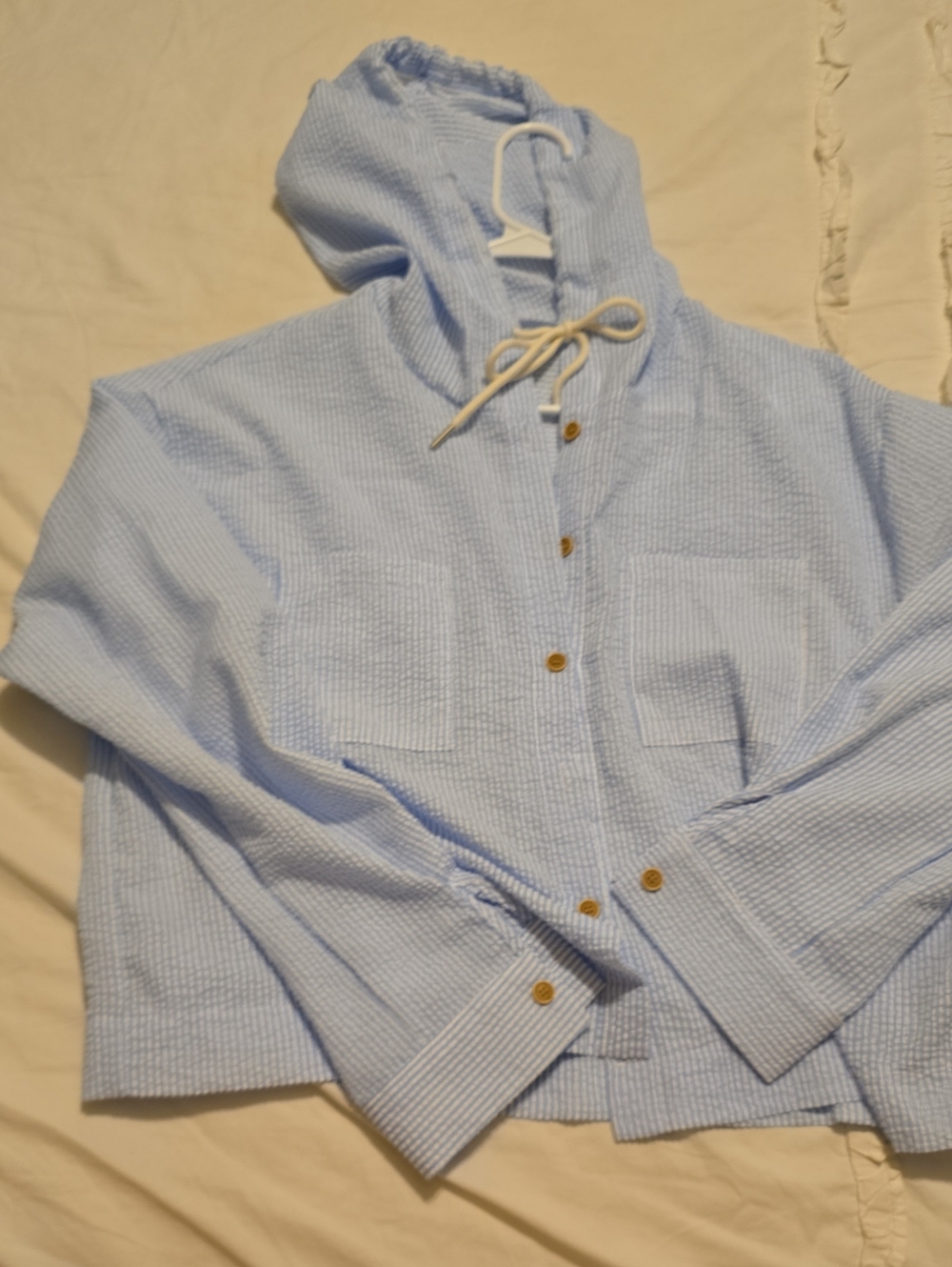 Light Blue Seersucker Hooded Shirt Jacket - Unbranded